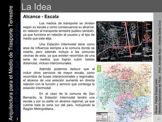 La Idea Alcance - Escala   Los medios de transporte se dividen según su escala y como consecuencia su alcance; en relación al transporte terrestre publico también, ya que funciona en relación al usuario y al tipo de medio que este elija. Una Estación Intermodal tiene como área de influencia siempre a la comuna donde se inserta, pero además incluye a las comunas vecinas de esta, ya que existen recorridos de una serie de medios que logran cubrir bastas distancias, incluso intercomunales. Además podemos deducir que al incluir otros servicios de mayor escala, como recorridos de buses interprovinciales y regionales, el alcance de una estación aumenta en directa relación con la función y servicio que contenga la estación intermodal. En el caso de la comuna de San Bernardo, la Estación Intermodal tendrá una escala y por su parte un alcance regional, ya que cubrirá toda la zona sur del país, incluyendo la Región Metropolitana. Álvaro  Felipe Espejo León  Memoria Seminario de Titulo  Prof.: Arnaldo Ruiz – Andrea Santa Cruz Arquitectura para el Medio de Trasporte Terrestre –  Estación Intermodal Sur – San Bernardo 