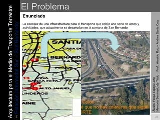 El Problema Enunciado   La escasez de una infraestructura para el transporte que cobije una serie de actos y actividades, que actualmente se desarrollan en la comuna de San Bernardo Álvaro  Felipe Espejo León  Memoria Seminario de Titulo  Prof.: Arnaldo Ruiz – Andrea Santa Cruz Arquitectura para el Medio de Trasporte Terrestre –  Estación Intermodal Sur – San Bernardo 