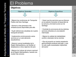 El Problema Objetivos Álvaro  Felipe Espejo León  Memoria Seminario de Titulo  Prof.: Arnaldo Ruiz – Andrea Santa Cruz Objetivos Generales Mejorar las condiciones de Transporte Publico del Gran Santiago Acercar a mas personas a las infraestructuras disponibles para ello Suplir deficiencias obsoletas de nuestro transporte terrestre Implementar armónicamente varios servicios en un solo elemento arquitectónico Abarcar nuevas localidades de la Región Metropolitana y así facilitar el desplazarse a otras regiones del país Mejorar los índices de turismo nacional de la Región Metropolitana, hacerla una ciudad mas cercana Objetivos Específicos Hacer que los servicios que se ofrezcan en la estación fomenten el desarrollo de la comuna y de toda la zona sur de Santiago Controlar la convivencia de los distintos servicios ofrecidos en una estación intermodal. Mejorar la calidad de habitabilidad, confort y bienestar de los recintos Que el proyecto se inserte respetando geomorfología existente del lugar, y que no solo supla necesidades imperantes del sector Arquitectura para el Medio de Trasporte Terrestre –  Estación Intermodal Sur – San Bernardo 