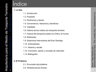 Índice 1. La Idea 1.1. Introducción 1.2. Propósito 1.3. Pertinencia y Aporte 1.4. Conveniencia, relevancia y beneficios 1.5. Viabilidad 1.6. Historia de los medios de transporte terrestre 1.7. historia del transporte publico en Chile y el mundo 1.8. Referentes 1.9. Estaciones Interurbanas del Gran Santiago 1.10. Antecedentes 1.11. Alcance y escala 1.12. innovación, aporte y concepto de velocidad 1.13. Bibliografía 2. El Problema 2.1. Enunciado del problema 2.2. Infraestructuras Anexas Arquitectura para el Medio de Trasporte Terrestre –  Estación Intermodal Sur – San Bernardo Álvaro  Felipe Espejo León  Memoria Seminario de Titulo  Prof.: Arnaldo Ruiz – Andrea Santa Cruz 