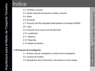 Índice 2.3. Variables y Causas 2.4. Estado Actual de la situación mundial y nacional 2.5. Oferta 2.6. Demanda 2.7. Evolución del Plan Regulador Metropolitano de Santiago (PRMS) 2.8. Lugar 2.9. Evolución de la comuna de San Bernardo 2.10. Localización 2.11. Objetivos 2.12. Preguntas 2.13. Modelo de Gestión 3. El Proyecto de Investigación 3.1. Enfoque, tipo de investigación y Diseño de la Investigación 3.2. Universo de Análisis 3.3. Recopilación de la información y documentar un buen trabajo Arquitectura para el Medio de Trasporte Terrestre –  Estación Intermodal Sur – San Bernardo Álvaro  Felipe Espejo León  Memoria Seminario de Titulo  Prof.: Arnaldo Ruiz – Andrea Santa Cruz 