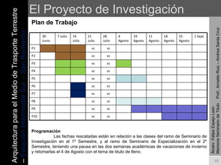 El Proyecto de Investigación Plan de Trabajo Álvaro  Felipe Espejo León  Memoria Seminario de Titulo  Prof.: Arnaldo Ruiz – Andrea Santa Cruz Programación Las fechas rescatadas están en relación a las clases del ramo de Seminario de Investigación en el 1º Semestre, y al ramo de Seminario de Especialización en el 2º Semestre, teniendo una pausa en las dos semanas académicas de vacaciones de invierno y retomarlas el 4 de Agosto con el tema de titulo de lleno. Arquitectura para el Medio de Trasporte Terrestre –  Estación Intermodal Sur – San Bernardo 30 Junio 7 Julio 14 Julio 21 Julio 28 Julio  4 Agosto 19 Agosto 11 Agosto 18 Agosto 25 Agosto 1 Sept. P1 vc vc P2 vc vc P3 vc vc P4 vc vc P5 vc vc P6 vc vc P7 vc vc P8 vc vc P9 vc vc P10 vc vc 