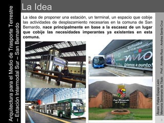 La Idea La idea de proponer una estación, un terminal, un espacio que cobije las actividades de desplazamiento necesarias en la comuna de San Bernardo,  nace principalmente en base a la escasez de un lugar que cobije las necesidades imperantes ya existentes en esta comuna. Arquitectura para el Medio de Trasporte Terrestre – Estación Intermodal Sur – San Bernardo Álvaro  Felipe Espejo León  Memoria Seminario de Titulo  Prof.: Arnaldo Ruiz – Andrea Santa Cruz 