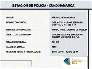 LUGAR:                           PULI - CUNDINAMARCA

TIPO DE CONTRATO:                OBRA CIVIL – LLAVE EN MANO
                                 CONTRATO No. 111-3-10

ENTIDAD CONTRATANTE:             FONDO ROTATORIO DE LA POLICIA

OBJETO DEL CONTRATO:             CONSTRUCCION ESTACION DE
                                 POLICIA MUNICIPIO DE PULI

AREA CONSTRUIDA:                 437 M2

VALOR EN SMMLV:                  1509

FECHA DE INICIO Y TERMINACION:   SEPT DE 10 – JUNIO DE 11
 