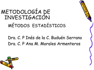 METODOLOGÍA DE
 INVESTIGACIÓN
  MÉTODOS ESTADÍSTICOS

  Dra. C. P Inés de la C. Buduén Serrano
  Dra. C. P Ana M. Morales Armenteros
 