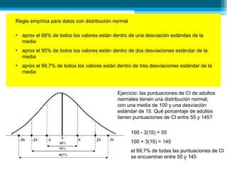 Regla empírica para datos con distribución normal
• aprox el 68% de todos los valores están dentro de una desviación estándas de la
media
• aprox el 95% de todos los valores están dentro de dos desviaciones estándar de la
media
• aprox el 99,7% de todos los valores están dentro de tres desviaciones estándar de la
media
Ejercicio: las puntuaciones de CI de adultos
normales tienen una distribución normal,
con una media de 100 y una desviación
estándar de 15. Qué porcentaje de adultos
tienen puntuaciones de CI entre 55 y 145?
100 - 3(15) = 55
100 + 3(15) = 145
el 99,7% de todas las puntuaciones de CI
se encuentran entre 55 y 145
 