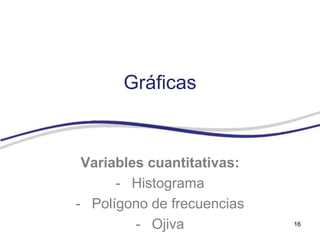 Gráficas



 Variables cuantitativas:
      - Histograma
- Polígono de frecuencias
         - Ojiva            16
 