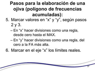 Pasos para la elaboración de una
   ojiva (polígono de frecuencias
            acumuladas):
5. Marcar valores en “x” y “y”, según pasos
   2 y 3.
  – En “x” hacer divisiones como una regla,
    desde cero hasta el MAX.
  – En “y” hacer divisiones como una regla, del
    cero a la FA más alta.
6. Marcar en el eje “x” los límites reales.


                                                  37
 