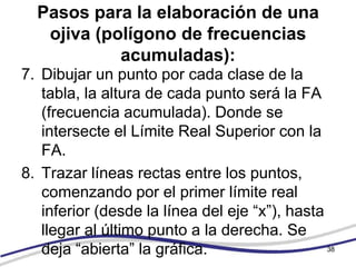 Pasos para la elaboración de una
   ojiva (polígono de frecuencias
            acumuladas):
7. Dibujar un punto por cada clase de la
   tabla, la altura de cada punto será la FA
   (frecuencia acumulada). Donde se
   intersecte el Límite Real Superior con la
   FA.
8. Trazar líneas rectas entre los puntos,
   comenzando por el primer límite real
   inferior (desde la línea del eje “x”), hasta
   llegar al último punto a la derecha. Se
   deja “abierta” la gráfica.                   38
 