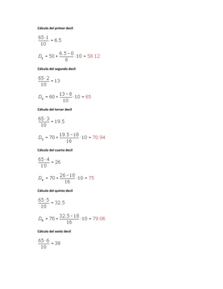 Cálculo del primer decil




Cálculo del segundo decil




Cálculo del tercer decil




Cálculo del cuarto decil




Cálculo del quinto decil




Cálculo del sexto decil
 