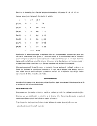 Ejercicios de desviación típica: Calcular la desviación típica de la distribución: 9, 3, 8, 8, 9, 8, 9, 18

Calcular la desviación típica de la distribución de la tabla:

    xi        fi       xi · fi   xi2 · fi

[10, 20)      15       1         15         225

[20, 30)      25       8         200        5000

[30,40)       35       10        350        12 250

[40, 50)      45       9         405        18 225

[50, 60)      55       8         440        24 200

[60,70)       65       4         260        16 900

[70, 80)      75       2         150        11 250

              42       1 820     88 050

Propiedades de la desviación típica: La desviación típica será siempre un valor positivo o cero, en el caso
de que las puntuaciones sean iguales; Si a todos los valores de la variable se les suma un número la
desviación típica no varía; Si todos los valores de la variable se multiplican por un número la desviación
típica queda multiplicada por dicho número; Si tenemos varias distribuciones con la misma media y
conocemos sus respectivas desviaciones típicas se puede calcular la desviación típica total.

Observaciones sobre la desviación típica: La desviación típica, al igual que la media y la varianza, es un
índice muy sensible a las puntuaciones extremas; En los casos que no se pueda hallar la media tampoco
será posible hallar la desviación típica; Cuanta más pequeña sea la desviación típica mayor será la
concentración de datos alrededor de la media.

                                                  Medidas de Forma

Comparan la forma que tiene la representación gráfica, bien sea el histograma o el diagrama de barras de
la distribución, con la distribución normal.

MEDIDA DE ASIMETRÍA

Diremos que una distribución es simétrica cuando su mediana, su moda y su media aritmética coinciden.

Diremos que una distribución es asimétrica a la derecha si las frecuencias (absolutas o relativas)
descienden más lentamente por la derecha que por la izquierda.

Si las frecuencias descienden más lentamente por la izquierda que por la derecha diremos que

la distribución es asimétrica a la izquierda.
 