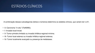 ESTÁDIOS CLÍNICOS
A combinação dessas subcategorias (letras e números) determina os estádios clínicos, que variam de I a IV .
• 0- Carcinoma “in situ” (TisN0M0);
• I- Invasão local inicial;
• II- Tumor primário limitado ou invasão linfática regional mínima;
• III- Tumor local extenso ou invasão linfática regional extensa;
• IV- Tumor localmente avançado ou presença de metástases.
 