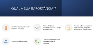 QUAL A SUA IMPORTÂNCIA ?
Identificar o comportamento
biológico do tumor;
Definir, dentre as
possibilidades, qual a terapia
mais adequada;
Previsão sobre o andamento
do tratamento, respostas
terapêuticas, complicações;
Prognóstico de cada caso;
Contribuição para pesquisa
clínica e publicação
científicas.
 