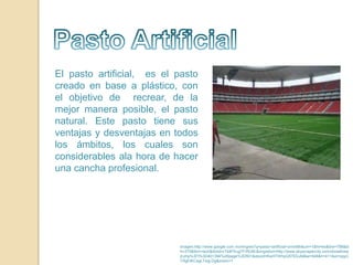 Pasto ArtificialEl pasto artificial,  es el pasto creado en base a plástico, con el objetivo de  recrear, de la mejor manera posible, el pasto natural. Este pasto tiene sus ventajas y desventajas en todos los ámbitos, los cuales son considerables ala hora de hacer una cancha profesional.Imagen:http://www.google.com.mx/imgres?q=pasto+artificial+omnilife&um=1&hl=es&biw=788&bih=375&tbm=isch&tbnid=r744FKug7FrRUM:&imgrefurl=http://www.skyscrapercity.com/showthread.php%3Ft%3D401394%26page%3D501&docid=KwHTWhpQ57EEuM&w=548&h=411&ei=qqyCTrfgEtKCsgLTsqj-Dg&zoom=1
