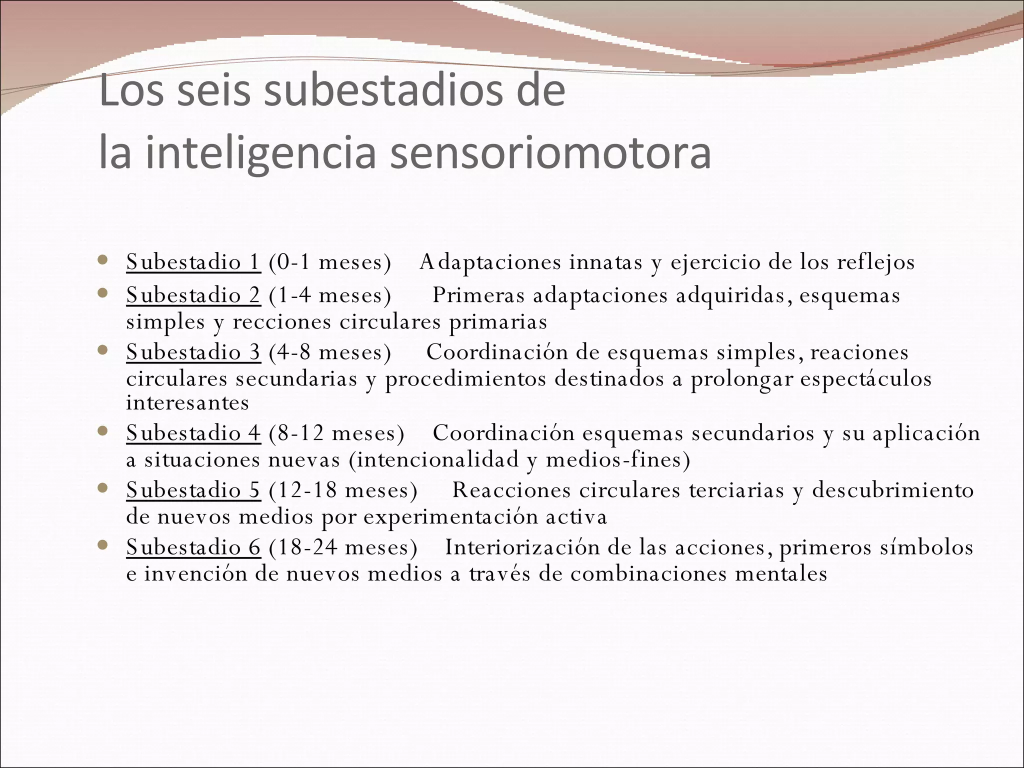 Los seis subestadios de  la inteligencia sensoriomotora Subestadio 1  (0-1 meses)    Adaptaciones innatas y ejercicio de los reflejos Subestadio 2  (1-4 meses)    Primeras adaptaciones adquiridas, esquemas simples y recciones circulares primarias  Subestadio 3  (4-8 meses)    Coordinación de esquemas simples, reaciones circulares secundarias y procedimientos destinados a prolongar espectáculos interesantes  Subestadio 4  (8-12 meses)    Coordinación esquemas secundarios y su aplicación a situaciones nuevas (intencionalidad y medios-fines) Subestadio 5  (12-18 meses)    Reacciones circulares terciarias y descubrimiento de nuevos medios por experimentación activa Subestadio 6  (18-24 meses)    Interiorización de las acciones, primeros símbolos e invención de nuevos medios a través de combinaciones mentales 