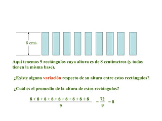 8 cms.
Aquí tenemos 9 rectángulos cuya altura es de 8 centímetros (y todos
tienen la misma base).
¿Existe alguna variación respecto de su altura entre estos rectángulos?
¿Cuál es el promedio de la altura de estos rectángulos?
8 + 8 + 8 + 8 + 8 + 8 + 8 + 8 + 8
9
=
72
9
= 8
 