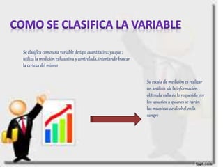 Se clasifica como una variable de tipo cuantitativa; ya que ;
utiliza la medición exhaustiva y controlada, intentando buscar
la certeza del mismo
Su escala de medición es realizar
un análisis de la información ,
obtenida valla de lo requerido por
los usuarios a quienes se harán
las muestras de alcohol en la
sangre
 