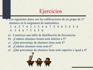 Ejercicios
 Los siguientes datos son las calificaciones de un grupo de 27
alumnos en la asignatura de matemática:
5 6 5 7 4 2 3 5 4 6 7 5 4 6 5 4 5 6
4 3 4 6 7 5 4 5 6
a) Construya una tabla de distribución de frecuencias
b) ¿Cuántos alumnos tienen nota inferior a 5?
c) ¿Qué porcentaje de alumnos tiene nota 4?
d) ¿Cuántos alumnos tiene nota 6?
e) ¿Qué porcentaje de alumnos tiene nota superior o igual a 4?

 