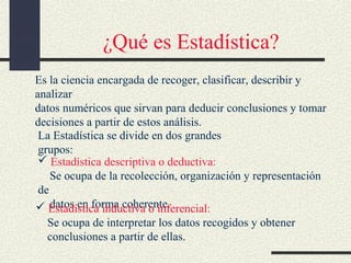 ¿Qué es Estadística?
Es la ciencia encargada de recoger, clasificar, describir y
analizar
datos numéricos que sirvan para deducir conclusiones y tomar
decisiones a partir de estos análisis.
La Estadística se divide en dos grandes
grupos:
 Estadística descriptiva o deductiva:
Se ocupa de la recolección, organización y representación
de
datos en forma coherente.
 Estadística inductiva o inferencial:
Se ocupa de interpretar los datos recogidos y obtener
conclusiones a partir de ellas.

 