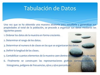 Tabulación de Datos

Una vez que se ha obtenido una muestra aleatoria para estudiarla y generalizar sus
propiedades al total de la población, se procede a organizar sus datos mediante los
siguientes pasos:
1. Ordenar los datos de la muestra en forma creciente.

2. Determinar el rango de los datos.

3. Determinar el numero k de clases en las que se organizaran los datos.

4. Definir la longitud de las clases.

5. Contabilizar cuantos elementos de la muestra caen dentro de cada intervalo de clase.

6. Finalmente se construyen las representaciones graficas correspondientes al
   histograma, polígono de frecuencias, ojiva y ojiva porcentual.
 