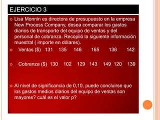 EJERCICIO 3
   Lisa Monnin es directora de presupuesto en la empresa
    New Process Company, desea comparar los gastos
    diarios de transporte del equipo de ventas y del
    personal de cobranza. Recopiló la siguiente información
    muestral ( importe en dólares).
     Ventas ($) 131 135 146            165     136    142

    Cobranza ($) 130     102    129 143     149 120    139



   Al nivel de significancia de 0,10, puede concluirse que
    los gastos medios diarios del equipo de ventas son
    mayores? cuál es el valor p?
 
