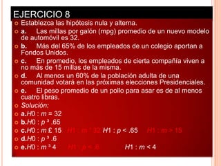 EJERCICIO 8
   Establezca las hipótesis nula y alterna.
   a. Las millas por galón (mpg) promedio de un nuevo modelo
    de automóvil es 32.
   b. Más del 65% de los empleados de un colegio aportan a
    Fondos Unidos.
   c. En promedio, los empleados de cierta compañía viven a
    no más de 15 millas de la misma.
   d. Al menos un 60% de la población adulta de una
    comunidad votará en las próximas elecciones Presidenciales.
   e. El peso promedio de un pollo para asar es de al menos
    cuatro libras.
   Solución:
   a.H0 : m = 32
   b.H0 : p ³ .65
   c.H0 : m £ 15 H1 : m ¹ 32 H1 : p < .65 H1 : m > 15
   d.H0 : p ³ .6
   e.H0 : m ³ 4   H1 : p < .6          H1 : m < 4
 