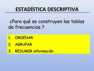 ESTADÍSTICA DESCRIPTIVA

 ¿Para qué se construyen las tablas
de frecuencias ?

1.   ORDENAR
2. AGRUPAR
3. RESUMIR información
 