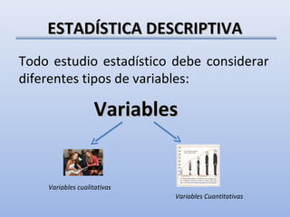 ESTADÍSTICA DESCRIPTIVA
Todo estudio estadístico debe considerar
diferentes tipos de variables:

                   Variables


    Variables cualitativas
                             Variables Cuantitativas
 