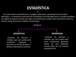 ESTADÍSTICA
Es la ciencia de la sistematización, recogida, ordenación y presentación de los datos
referentes a un fenómeno que presenta variabilidad o incertidumbre para su estudio metódico,
con objeto de deducir las leyes que rigen esos fenómenos y poder hacer previsiones sobre los
mismos, tomar decisiones y obtener conclusiones.
Puede ser
DESCRIPTIVA INFERENCIAL
Conjunto de técnicas y
métodos que son usados para
recolectar, organizar y
presentar en forma de tablas y
gráficas información numérica.
Conjunto de técnicas y
métodos que son usados para
sacar conclusiones generales
acerca de una población
usando datos de una muestra
tomada de ella.
 