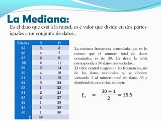 La Mediana:
Es el dato que está a la mitad, es e valor que divide en dos partes
iguales a un conjunto de datos.
Edades fi Fi
25 3 3
26 4 7
27 2 9
28 2 11
29 3 14
30 4 18
31 1 19
32 3 22
33 1 23
34 2 25
35 2 27
42 1 28
45 1 29
50 1 30
∑ 30
La máxima frecuencia acumulada que es lo
mismo que el número total de datos
nominales, es de 30. Es decir la tabla
corresponde a 30 datos recolectados.
El valor central respecto a las frecuencias, no
de los datos nominales x, se obtiene
sumando 1 al número total de datos 30 y
dividiéndolo entre dos, es decir:
 