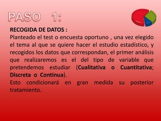RECOGIDA DE DATOS :
Planteado el test o encuesta oportuno , una vez elegido
el tema al que se quiere hacer el estudio estadístico, y
recogidos los datos que correspondan, el primer análisis
que realizaremos es el del tipo de variable que
pretendemos estudiar (Cualitativa o Cuantitativa;
Discreta o Continua).
Esto condicionará en gran medida su posterior
tratamiento.

 
