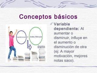 Conceptos básicos
Variable
dependiente: Al
aumentar o
disminuir, influye en
el aumento o
disminución de otra
(ej: A mayor
...