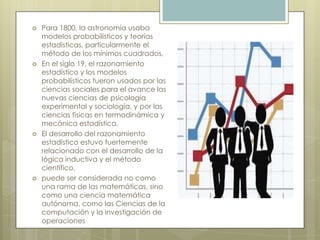  Para 1800, la astronomía usaba
modelos probabilísticos y teorías
estadísticas, particularmente el
método de los mínimos cuadrados,
 En el siglo 19, el razonamiento
estadístico y los modelos
probabilísticos fueron usados por las
ciencias sociales para el avance las
nuevas ciencias de psicología
experimental y sociología, y por las
ciencias físicas en termodinámica y
mecánica estadística.
 El desarrollo del razonamiento
estadístico estuvo fuertemente
relacionado con el desarrollo de la
lógica inductiva y el método
científico.
 puede ser considerada no como
una rama de las matemáticas, sino
como una ciencia matemática
autónoma, como las Ciencias de la
computación y la investigación de
operaciones
 