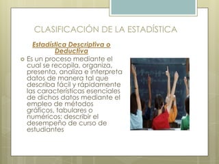 CLASIFICACIÓN DE LA ESTADÍSTICA
Estadística Descriptiva o
Deductiva
 Es un proceso mediante el
cual se recopila, organiza,
presenta, analiza e interpreta
datos de manera tal que
describa fácil y rápidamente
las características esenciales
de dichos datos mediante el
empleo de métodos
gráficos, tabulares o
numéricos: describir el
desempeño de curso de
estudiantes
 