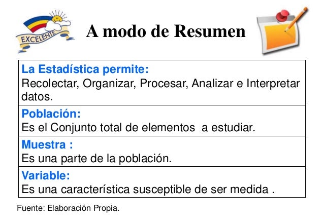 A modo de Resumen La Estadística permite: Recolectar, Organizar, Procesar, Analizar e Interpretar datos. Población: Es el ...