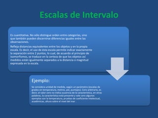 Escalas de Intervalo
Es cuantitativa. No sólo distingue orden entre categorías, sino
que también pueden discernirse diferencias iguales entre las
observaciones.
Refleja distancias equivalentes entre los objetos y en la propia
escala. Es decir, el uso de ésta escala permite indicar exactamente
la separación entre 2 puntos, lo cual, de acuerdo al principio de
isomorfismos, se traduce en la certeza de que los objetos así
medidos están igualmente separados a la distancia o magnitud
expresada en la escala.
Ejemplo:
Se considera unidad de medida, según un parámetro (escalas de
grados en temperatura, metros, pie, puntajes). Cero arbitrario, es
decir, el valor cero no indica ausencia de la característica, en otras
palabras, la característica está presente y vale cero algunos
ejemplos son la temperatura, pruebas de coeficiente intelectual,
académicas, altura sobre el nivel del mar .
 