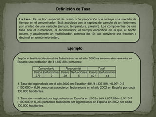 Definición de Tasa
La tasa: Es un tipo especial de razón o de proporción que incluye una medida de
tiempo en el denominador. Está asociado con la rapidez de cambio de un fenómeno
por unidad de una variable (tiempo, temperatura, presión). Los componentes de una
tasa son el numerador, el denominador, el tiempo específico en el que el hecho
ocurre, y usualmente un multiplicador, potencia de 10, que convierte una fracción o
decimal en un número entero.
Ejemplo
Según el Instituto Nacional de Estadística, en el año 2002 se encontraba censada en
España una población de 41.837.894 personas:
1. Tasa de legionelosis en el año 2002 en España= 401/41.837.894 =0,96*10-5
(*100.000)= 0,96 personas padecieron legionelosis en el año 2002 en España por cada
100.000 habitantes.
2. Tasa de mortalidad por legionelosis en España en 2002= 14/41.837.894= 3,3*10-7
(*100.000)= 0,033 personas fallecieron por legionelosis en España en 2002 por cada
100.000 habitantes.
Comunitario Nosocomial Total
Casos Defunciones Casos Defunciones Casos Defunciones
372 9 29 5 401 14
 