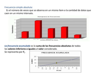 Frecuencia simple absoluta:
Es el número de veces que se observa en un mismo ítem o la cantidad de datos que
caen en un mismo intervalo.
La frecuencia acumulada es la suma de las frecuencias absolutas de todos
los valores inferiores o iguales al valor considerado.
Se representa por Fi.
 