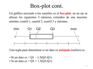Box-plot cont.
Un gráfico asociado a los cuartiles es el box-plot: en un eje se
ubican los siguientes 5 números extraídos de una muestra:
mínimo, cuartil 1, cuartil 2, cuartil 3 y máximo.
67
Una regla para determinar si un dato es anómalo (outlier) es:
• Si un dato es < Q1 – 1.5(Q3-Q1)
• Si un dato es > Q3 + 1.5(Q3-Q1)
 