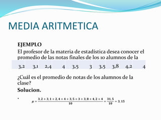 MEDIA ARITMETICA
EJEMPLO
El profesor de la materia de estadística desea conocer el
promedio de las notas finales de los 10 alumnos de la
clase. Las notas de los alumnos son:
¿Cuál es el promedio de notas de los alumnos de la
clase?
Solucion.
.
3,2 3,1 2,4 4 3,5 3 3,5 3,8 4,2 4
𝝁 =
𝟑, 𝟐 + 𝟑, 𝟏 + 𝟐, 𝟒 + 𝟒 + 𝟑, 𝟓 + 𝟑 + 𝟑, 𝟖 + 𝟒, 𝟐 + 𝟒
𝟏𝟎
=
𝟑𝟏, 𝟓
𝟏𝟎
= 𝟑, 𝟏𝟓
 