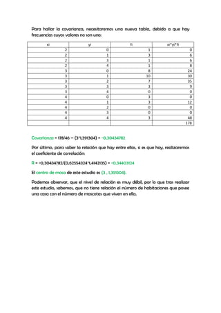 Para hallar la covarianza, necesitaremos una nueva tabla, debido a que hay
frecuencias cuyos valores no son uno:
xi yi fi xi*yi*fi
2 0 1 0
2 1 3 6
2 3 1 6
2 4 1 8
3 0 8 24
3 1 10 30
3 2 7 35
3 3 3 9
3 4 0 0
4 0 3 0
4 1 3 12
4 2 0 0
4 3 0 0
4 4 3 48
178
Covarianza = 178/46 – (3*1,391304) = -0,30434782
Por último, para saber la relación que hay entre ellas, si es que hay, realizaremos
el coeficiente de correlación:
R = -0,30434782/(0,62554324*1,4142135) = -0,34403124
El centro de masa de este estudio es (3 , 1,391304).
Podemos observar, que el nivel de relación es muy débil, por lo que tras realizar
este estudio, sabemos, que no tiene relación el número de habitaciones que posee
una casa con el número de mascotas que viven en ella.
 