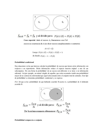 Probabilidad condicional
Hay situaciones en las que interesa calcular la probabilidad de sucesos que tienen cierta información con
respecto a un experimento. Dicha información reduce el espacio muestra original a uno de sus
subconjuntos. De esta forma la probabilidad de un suceso será diferente si se tiene o no información
adicional. Así por ejemplo, un animal elegido de aquellos que están vacunados tendrá una probabilidad
mayor de no contraer la enfermedad que aquel seleccionado entre el conjunto total de animales. Este tipo
de probabilidad se denomina probabilidad condicional y se expresa:
P(A / B) que se lee: probabilidad de que habiendo ocurrido B ocurra A, o probabilidad de A habiendo
ocurrido B.
Probabilidad compuesta o conjunta
 