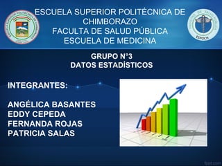 ESCUELA SUPERIOR POLITÉCNICA DE
CHIMBORAZO
FACULTA DE SALUD PÚBLICA
ESCUELA DE MEDICINA
GRUPO N°3
DATOS ESTADÍSTICOS
INTEGRANTES:
ANGÉLICA BASANTES
EDDY CEPEDA
FERNANDA ROJAS
PATRICIA SALAS
 