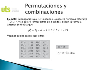 Ejemplo: Supongamos que se tienen los siguientes números naturales
1, 2, 3, 4 y se quiere formar cifras de 4 dígitos. Según la fórmula
anterior se tendrá que
4P4 = P4 = 4! = 4 × 3 × 2 × 1 = 24
Veamos cuales serían esas cifras:
 