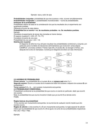 Ejemplo: raza y color de ojos

Probabilidades conjuntas: probabilidad de que dos sucesos o más, ocurran simultáneamente
Probabilidades marginales: o probabilidades incondicionales = suma de probabilidades.
Enfoques de la probabilidad
Probabilidad clásica se basa en la consideración de que los resultados de un experimento son
igualmente posibles.
Utilizando el punto de vista clásico,
Probabilidad de un evento = no. de resultados probables no. De resultados posibles
Ejemplo
Considere el experimento de lanzar dos monedas al mismo tiempo.
El espacio muestral S = {HH, HT, TH, TT}
Considere el evento de una cara.
Probabilidad de una cara = 2/4 = 1/2.
Distribución muestral
         El diagrama de árbol es muy útil para visualizar las probabilidades condicional y conjunta y en
         particular para el análisis de decisiones administrativas que involucran varias etapas.
         EJEMPLO: una bolsa contiene 7 fichas rojas (R) y 5 azules (B), se escogen 2 fichas, una
         después de la otra sin reemplazo. Construya el diagrama de árbol con esta información.




2.2 AXIOMAS DE PROBABILIDAD
Primer axioma : La probabilidad de un suceso A es un número real entre 0 y 1.
Segundo axioma :Ocurre un suceso de la muestra de todos los sucesos o espacio de sucesos Ω con
probabilidad 1.
Tercer axioma Si A1, A2 ... son sucesos mutuamente excluyentes
2.3 PROBABILIDAD CONDICIONAL
Probabilidad condicional es la probabilidad de que ocurra un evento en particular, dado que ocurrió
otro evento.
Nota: la probabilidad de que ocurra el evento A dado que ya ocurrió B se denota como
P(A|B).

Reglas básicas de probabilidad
 Si los eventos son mutuamente excluyentes, la ocurrencia de cualquier evento impide que otro
eventos ocurra.
Reglas de adición: si dos eventos A y B son mutuamente excluyentes, la regla especial de adición
indica que la probabilidad de que ocurra A o B es igual a la suma de sus probabilidades respectivas:
P(A o B) = P(A) + P(B)

Ejemplo




                                                                                                      14
 