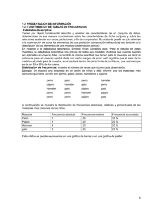 1.2 PRESENTACION DE INFORMACIÓN
1.2.1 DISTRIBUCION DE TABLAS DE FRECUENCIAS
 Estadística Descriptiva:
Tienen por objeto fundamental describir y analizar las características de un conjunto de datos,
obteniéndose de esa manera conclusiones sobre las características de dicho conjunto y sobre las
relaciones existentes con otras poblaciones, a fin de compararlas. No obstante puede no solo referirse
a la observación de todos los elementos de una población (observación exhaustiva) sino también a la
descripción de los elementos de una muestra (observación parcial).
En relación a la estadística descriptiva, Ernesto Rivas Gonzáles dice; "Para el estudio de estas
muestras, la estadística descriptiva nos provee de todos sus medidas; medidas que cuando quieran
ser aplicadas al universo total, no tendrán la misma exactitud que tienen para la muestra, es decir al
estimarse para el universo vendrá dada con cierto margen de error; esto significa que el valor de la
medida calculada para la muestra, en el oscilará dentro de cierto límite de confianza, que casi siempre
es de un 95 a 99% de los casos.
Distribución de frecuencias: muestra el número de veces que ocurre cada observación.
Ejemplo: Se elaboró una encuesta en un jardín de niños y ésta informó que las mascotas más
comunes que tiene un niño son perros, gatos, peces, hámsteres y pájaros

                     perro          gato           perro            hamster
                     pájaro         hamster        gato             perro
                     hámster        gato           pájaro           gato
                     perro          perro          hámster          pájaro
                     perro          perro          pájaro           gato


A continuación se muestra la distribución de frecuencias absolutas, relativas y porcentuales de las
mascotas mas comunes de los niños.

Mascota                  Frecuencia absoluta        Frecuencia relativa       Frecuencia acumulada
Perro                    7                          .35                       35 %
Pajaro                   4                          .20                       20 %
Hamster                  4                          .20                       20 %
gato                     5                          .25                       25 %

Estos datos se pueden representar en una gráfica de barras o en una gráfica de pastel:




                                                                                                     6
 