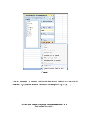 Prof. Juan de J. Sandoval, Matemático, Especialista en Estadística, M Sc,
Epidemiologia/Bioestadística
Figura 21
Una vez se tienen Ud. Deberá construir las frecuencias relativas con las formulas
de Excel. Algo parecido a lo que se observa en la siguiente figura (fig. 22).
 