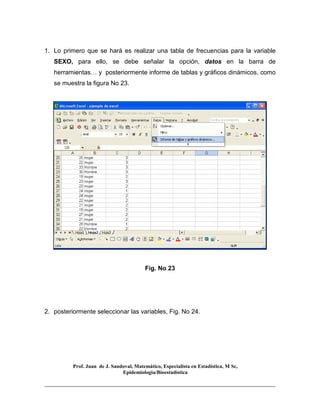 Prof. Juan de J. Sandoval, Matemático, Especialista en Estadística, M Sc,
Epidemiologia/Bioestadística
1. Lo primero que se hará es realizar una tabla de frecuencias para la variable
SEXO, para ello, se debe señalar la opción, datos en la barra de
herramientas… y posteriormente informe de tablas y gráficos dinámicos, como
se muestra la figura No 23.
Fig. No 23
2. posteriormente seleccionar las variables, Fig. No 24.
 
