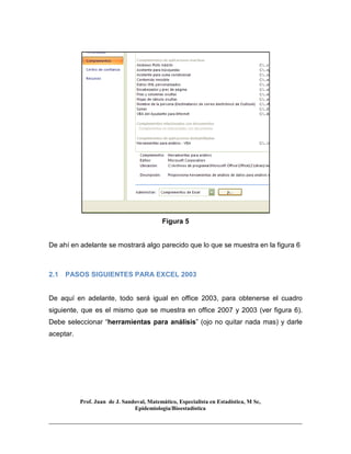 Prof. Juan de J. Sandoval, Matemático, Especialista en Estadística, M Sc,
Epidemiologia/Bioestadística
Figura 5
De ahí en adelante se mostrará algo parecido que lo que se muestra en la figura 6
2.1 PASOS SIGUIENTES PARA EXCEL 2003
De aquí en adelante, todo será igual en office 2003, para obtenerse el cuadro
siguiente, que es el mismo que se muestra en office 2007 y 2003 (ver figura 6).
Debe seleccionar “herramientas para análisis” (ojo no quitar nada mas) y darle
aceptar.
 
