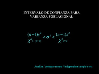 INTERVALO DE CONFIANZA PARA VARIANZA POBLACIONAL Analize / compare means / independent sample t test  
